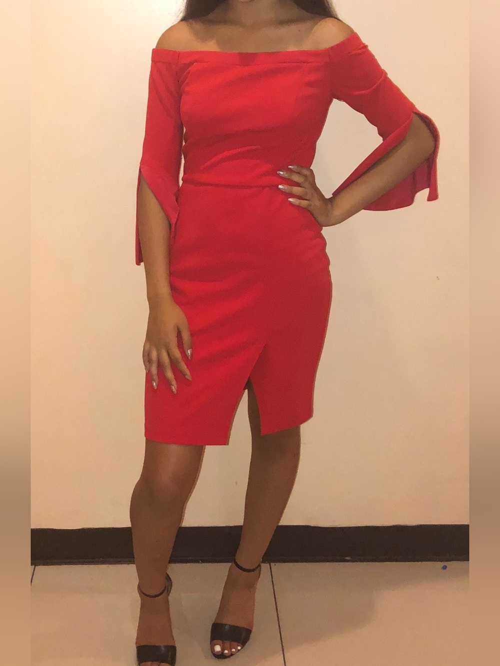 ABS Allen Schwartz Red One-Shoulder Midi Dress with Front Slit